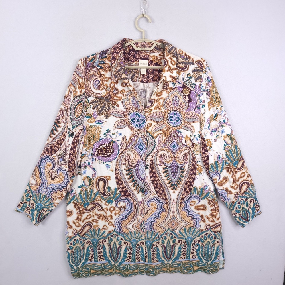 Chicos Button Up Shirt Dress‎ 3 US XL Paisley Patch Long Sleeve Woven Tunic